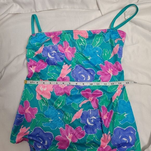 VINTAGE 90s one piece swimsuit florescent floral print‎ with detachable straps M - Picture 13 of 14